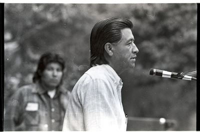 RICHARD YBARRA WITH CESAR CHAVEZ SPEAKING c.1972